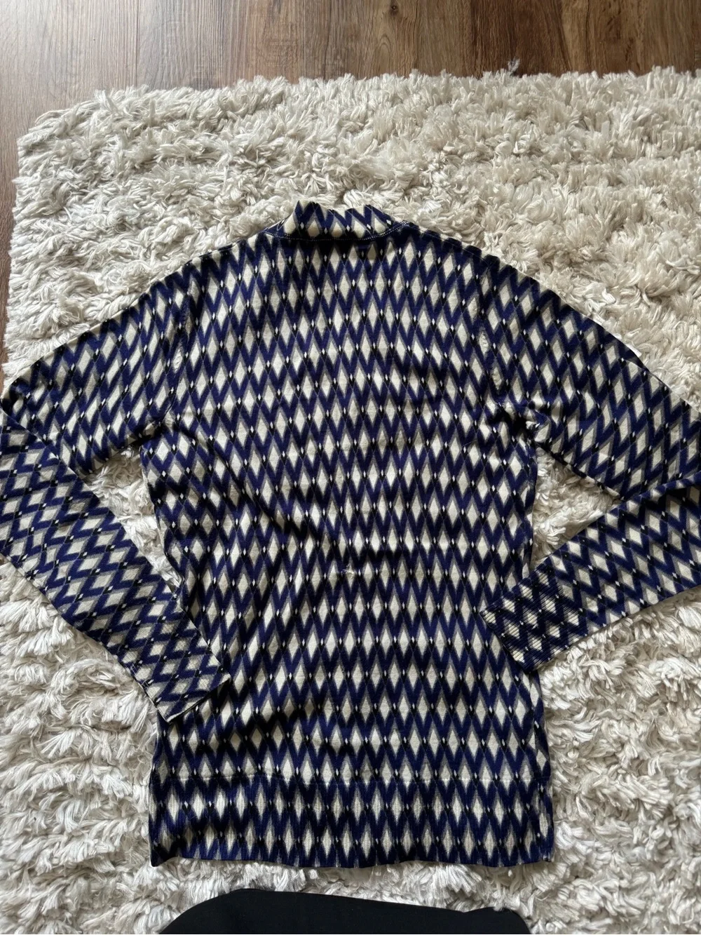 Tory Burch Navy and Cream Diamond Wool Knit Button Cardigan